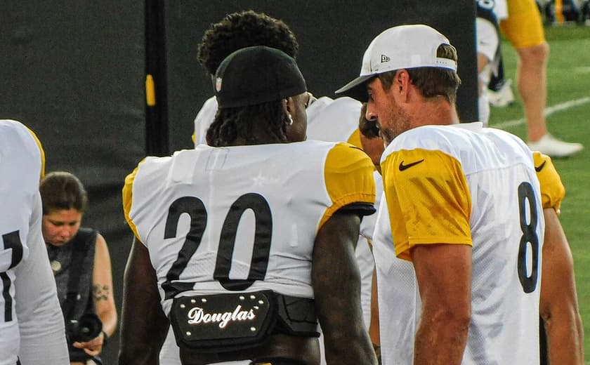 Kaleb Johnson (20) with Aaron Rodgers, July 29, 2025